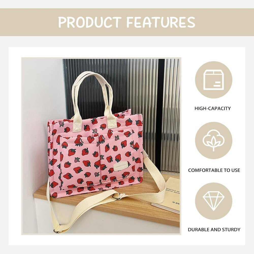 Canvas Crossbody Bag Large Capacity Strawberry Pattern Women's Fashion - Picture 4 of 6
